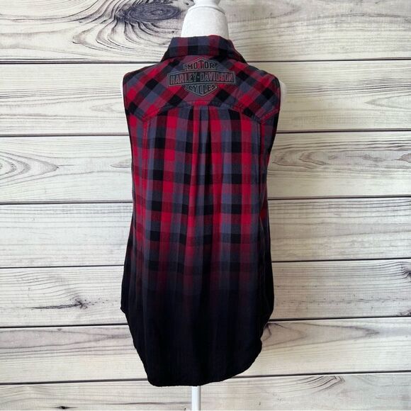 Harley Davidson Red, Black & Grey Plaid Ombré Sleeveless Top - Picture 6 of 8
